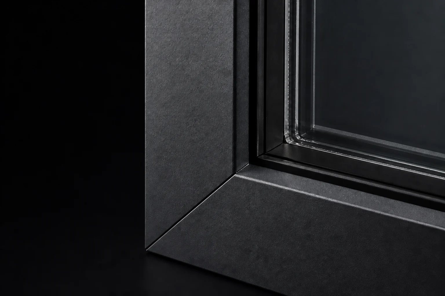 Close view of a graphite aluminium window corner and glass edge.