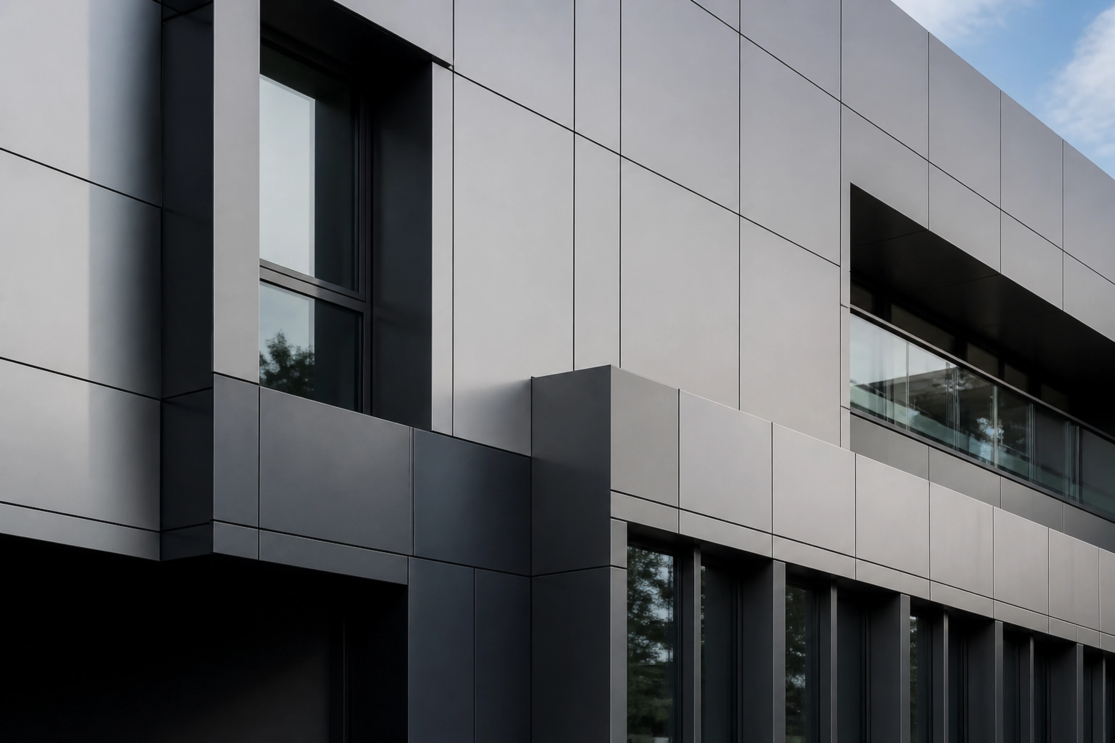 Satin-silver and graphite aluminium cladding panels on a modern facade.