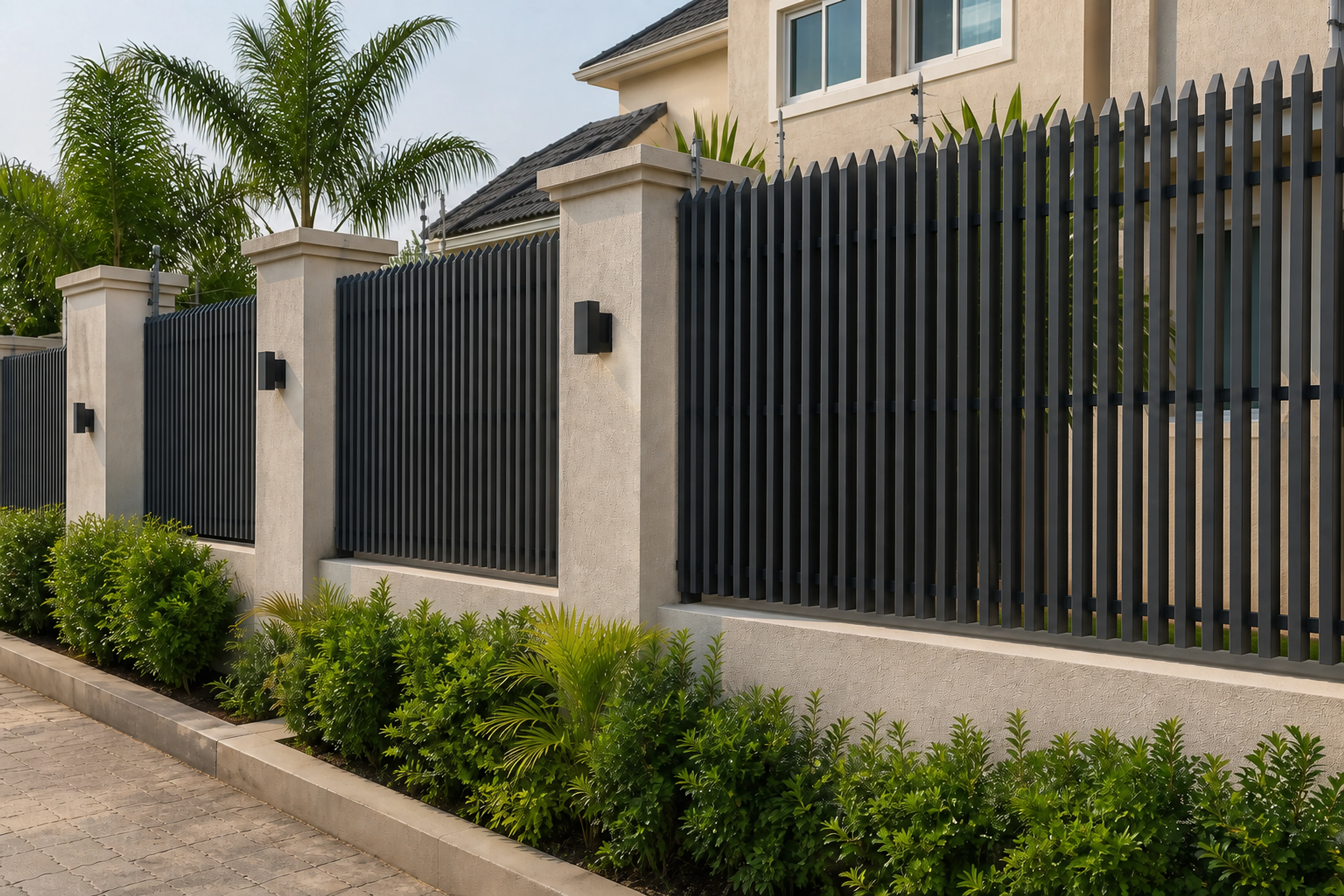 Matte-charcoal aluminium fence grilles between rendered boundary pillars.