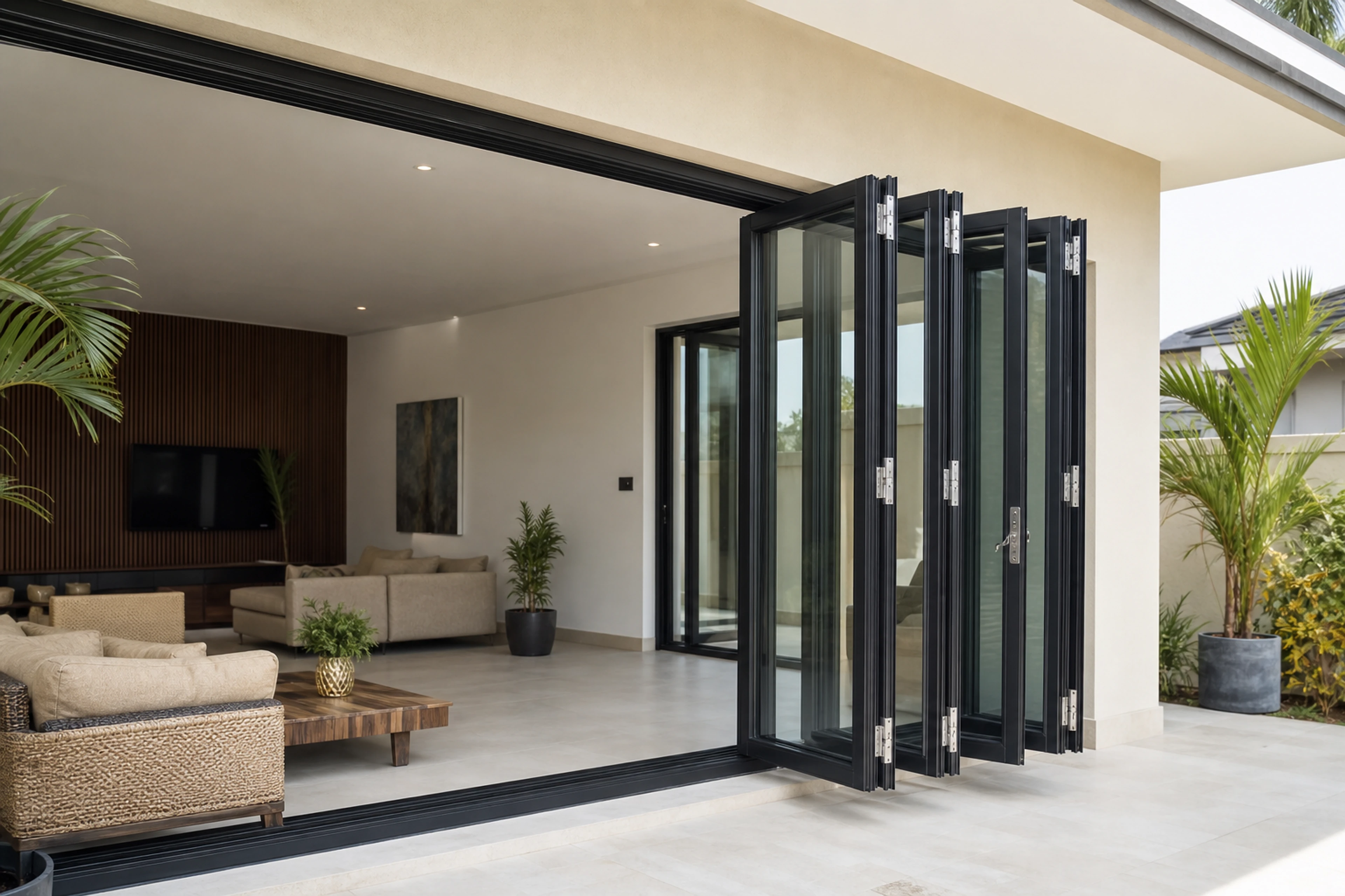 Black aluminium folding doors stacked open beside a terrace.