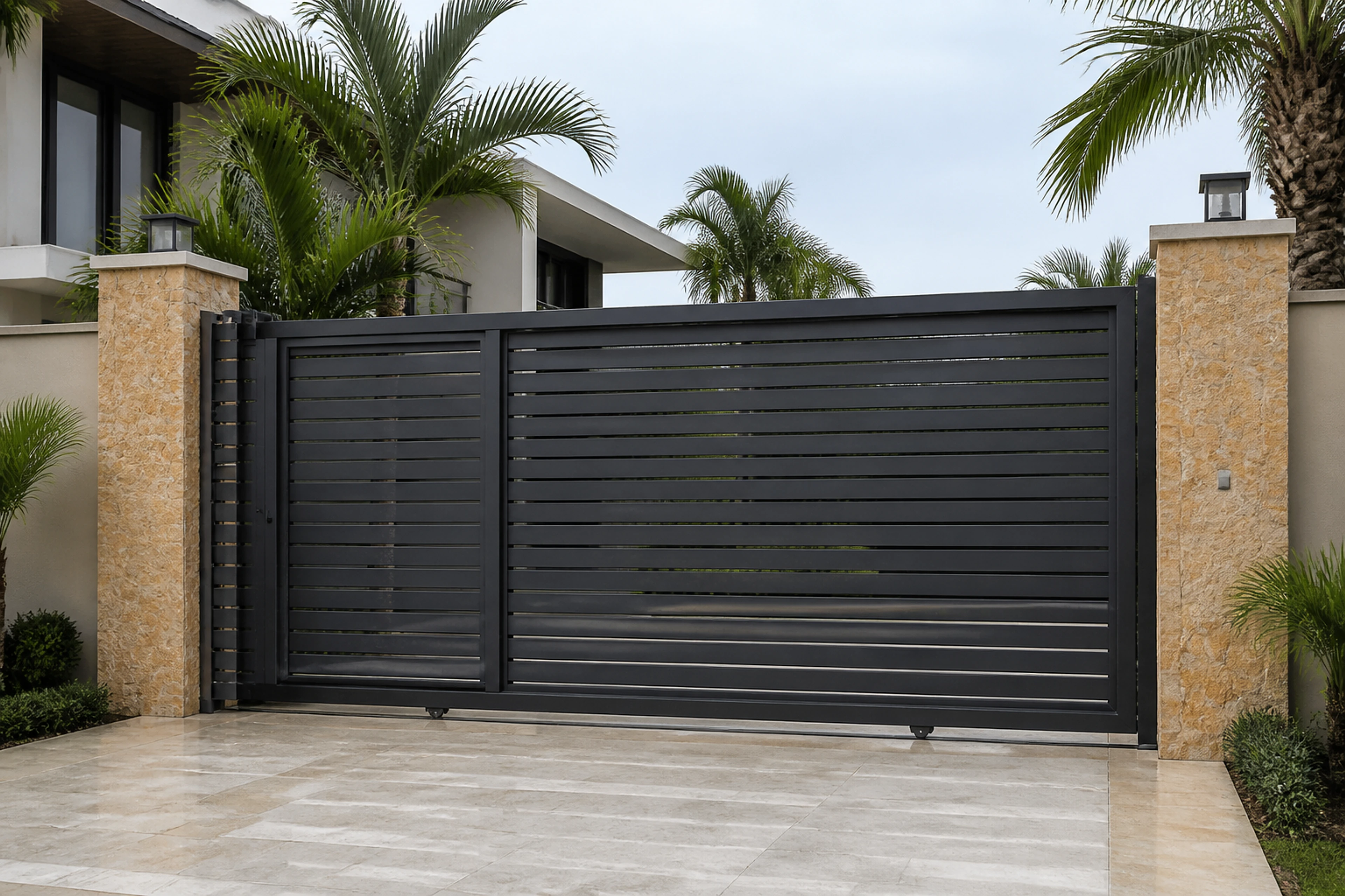 Wide slatted charcoal aluminium driveway gate at a Nigerian residence.
