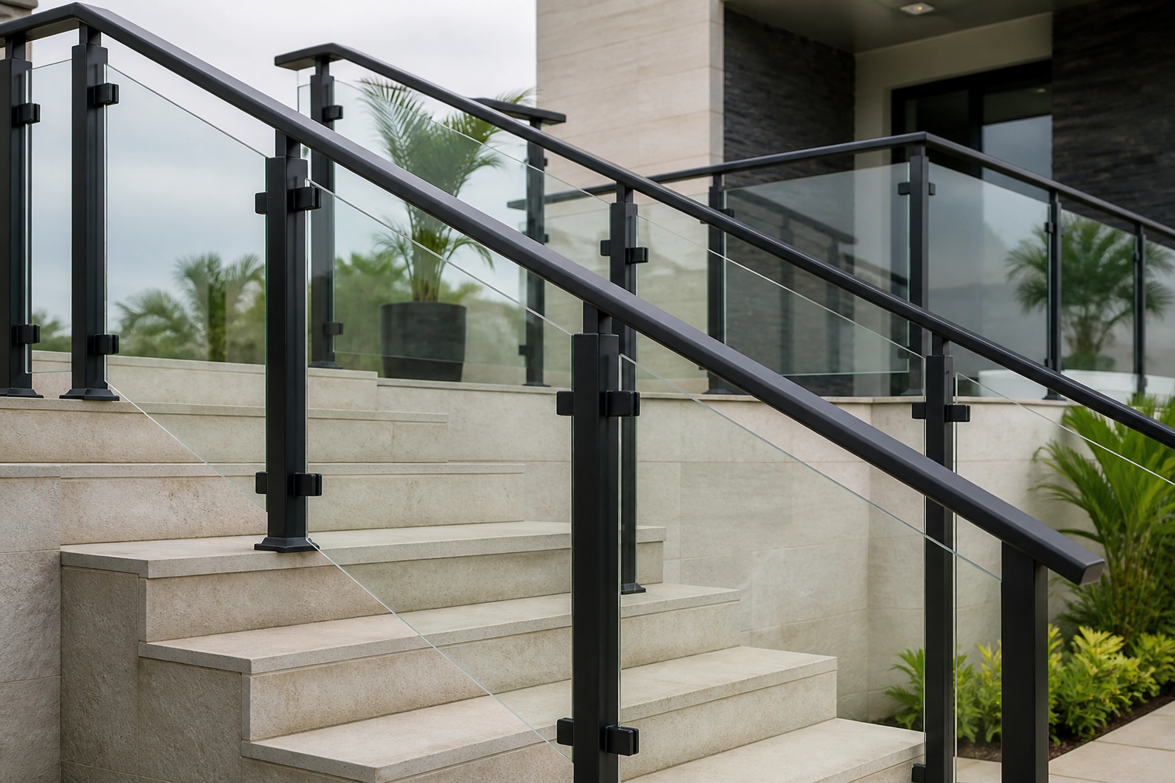 Black aluminium handrail and glass balustrade on an exterior staircase.
