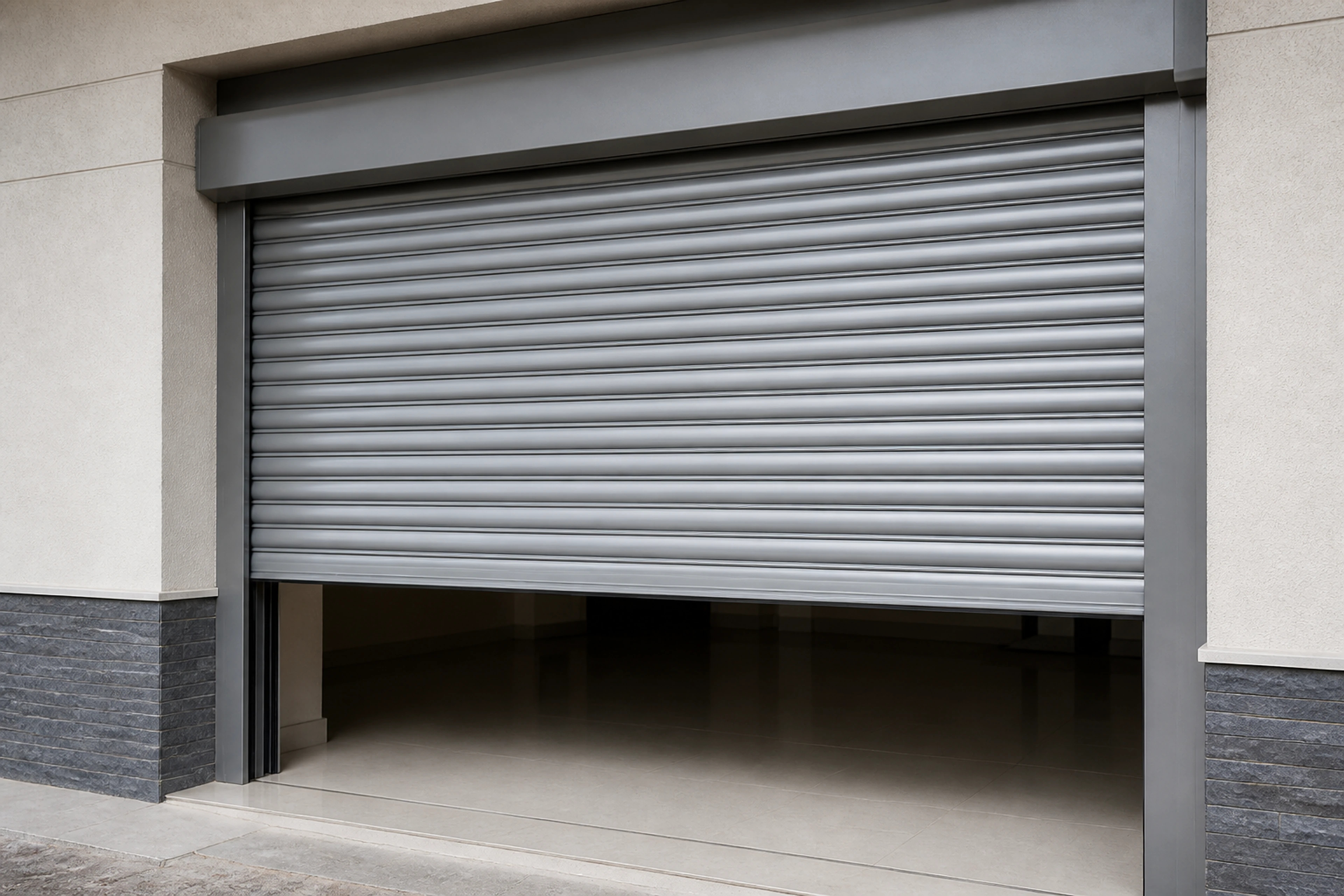 Silver-grey aluminium roller shutter partly lowered over an opening.