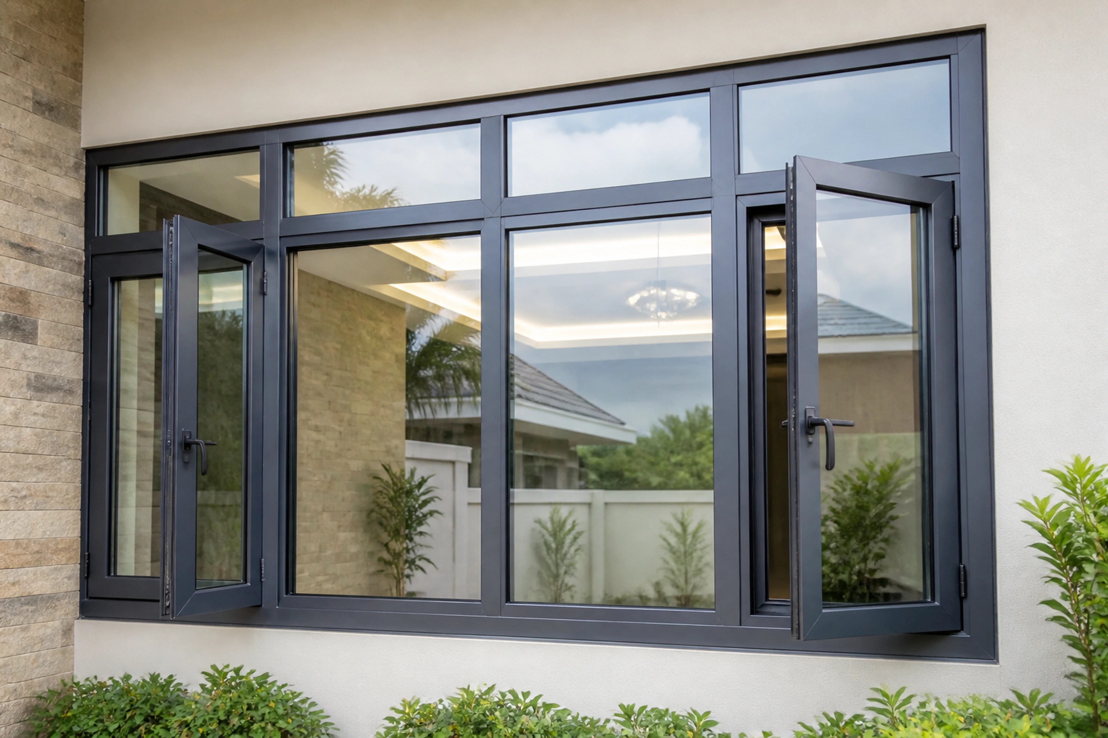Charcoal aluminium window frame with two outward-opening side panels and central glass panes.